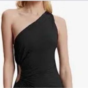 New BTFBM Black Side Slit One Shoulder Cutout Ruched Waist Maxi Dress Large